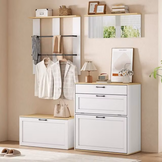 Set di mobili da ingresso MIVRAY con scarpiera ribaltabile, specchio, panca e appendiabiti in stile scandinavo, bianco e naturale, L: 156 cm, P: 36 cm, H: 176 cm