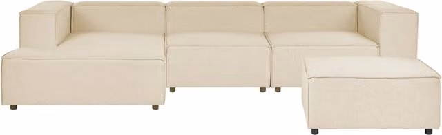 Divano angolare componibile Beliani Beige in tessuto con ottomana, modello a destra per soggiorno moderno, L/P/H: 326 x 180 x 81 cm