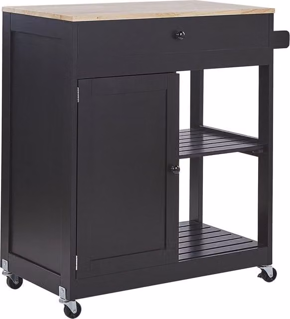 Carrello da cucina BELIANI in legno di gomma e MDF nero con 2 ripiani, cassetto e ruote, L: 75 cm, P: 44 cm, H: 87 cm