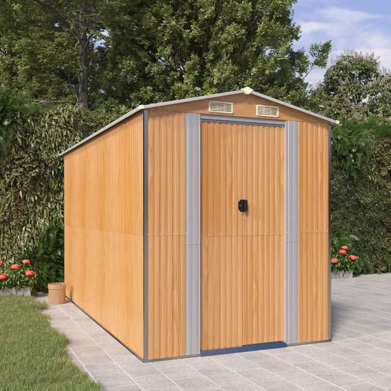 Capanno da giardino vidaXL in acciaio zincato marrone chiaro con tetto a capanna e porta scorrevole L/P/H: 357 x 192 x 223 cm