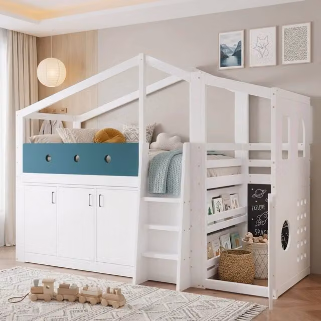 Letto semialto a forma di casa REDOM per bambini in legno e MDF bianco L/P/H: 200 x 90 x 110 cm