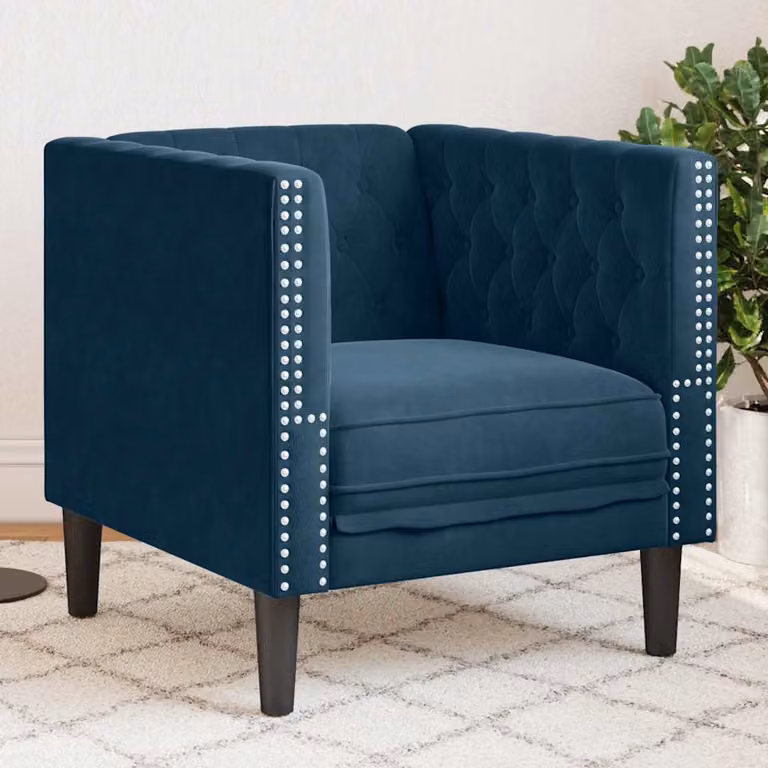 Poltrona Chesterfield vidaXL in velluto blu con struttura in legno e imbottitura in schiuma