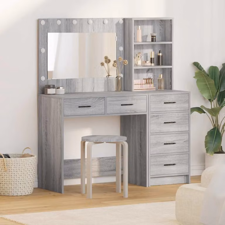 Set di 2 Tavoli da Trucco Moderni vidaXL con LED Hollywood, Grigio, L 78.5 cm x P 41 cm x H 135 cm