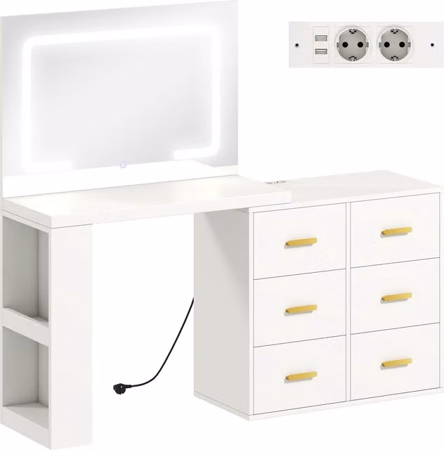 Toeletta da camera HOMCOM con specchio e luci LED regolabili, 6 cassetti e 2 ripiani, colore bianco