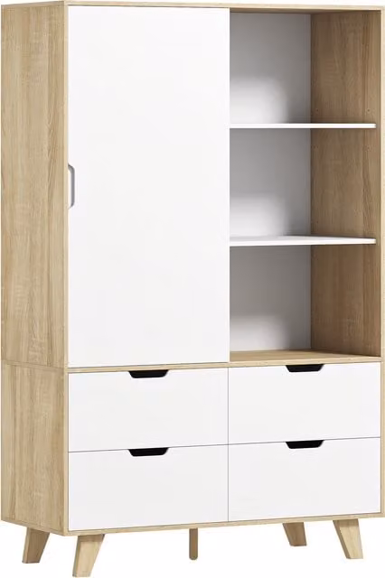 Armadio da camera HOMCOM con ante scorrevoli, barra appendiabiti, ripiani interni e 4 cassetti, Rovere e Bianco