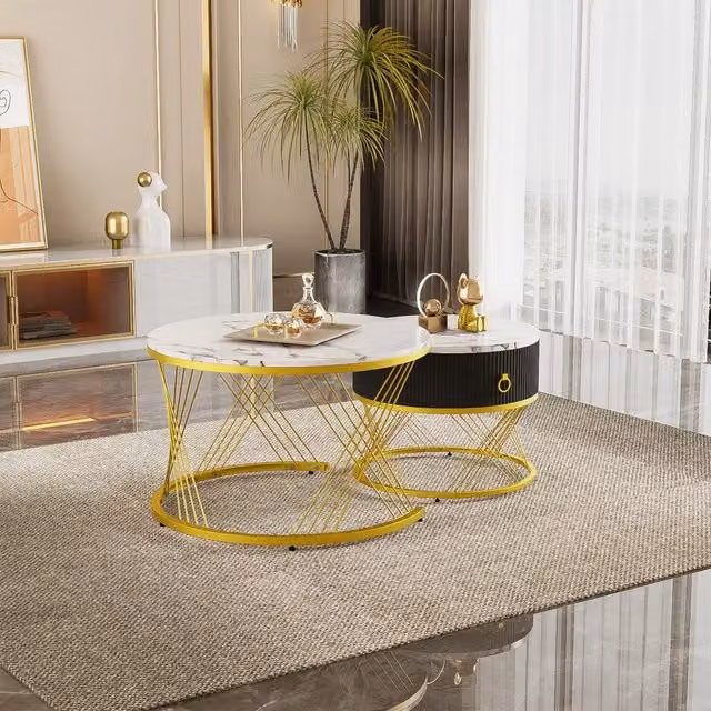 Set di 2 tavolini da caffè MINIMAL con cassetti, design rotondo effetto marmo bianco e decoro dorato
