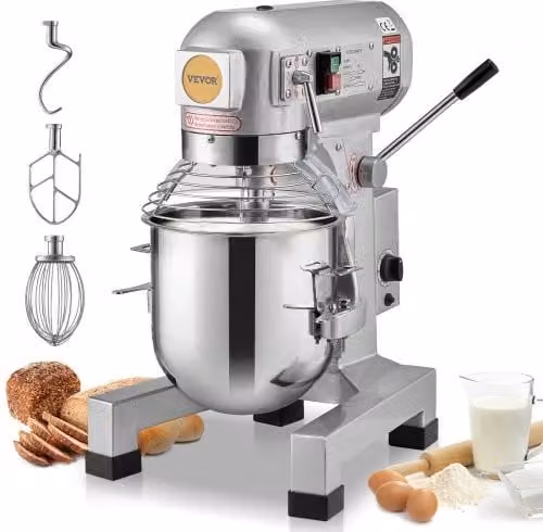 Impastatrice Commerciale Vevor da 10L con 3 Velocità Regolabili, Motore da 550 W, Ciotola e Accessori in Acciaio Inox, Colore Argento