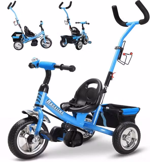 Triciclo per bambini Raceline Spielwerk azzurro in metallo e plastica con maniglia di spinta