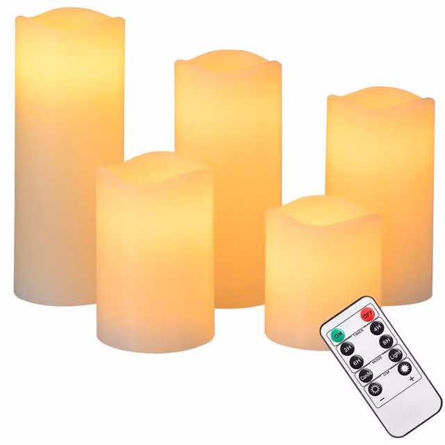 Set di 5 candele LED Deuba® in vera cera bianca con effetto flickering, telecomando e timer
