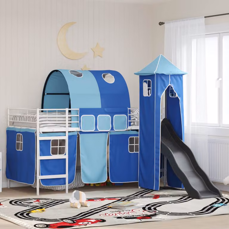 Letto a castello per bambini vidaXL in metallo Bianco, Blu e Nero, L/P/H: 200 x 90 x 205 cm