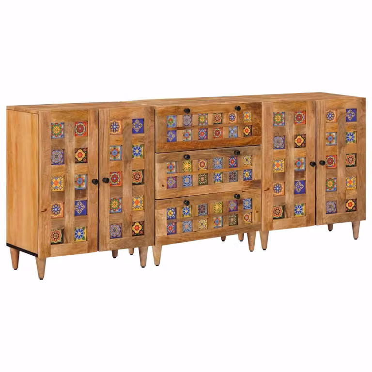 Set di 3 credenze moderne vidaXL in legno di mango massello marrone, L/P/H: 180 x 33 x 75 cm