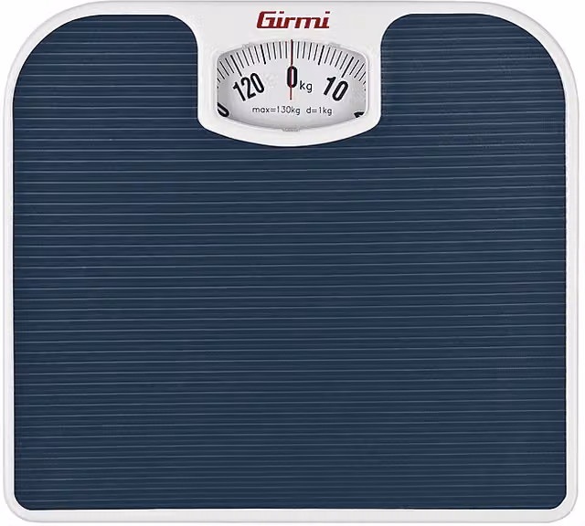 Bilancia pesapersone meccanica Girmi con display analogico in acciaio inox e plastica, colore blu, portata massima 130 kg