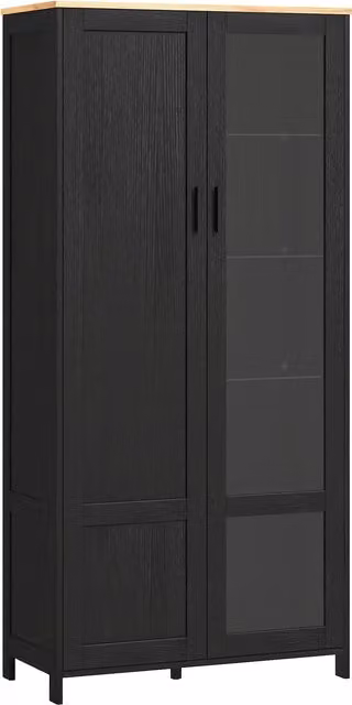 Dispensa da cucina HOMCOM moderna in legno e vetro con ante in vetro, L: 76 cm, P: 36 cm, H: 160 cm, Nero e marrone