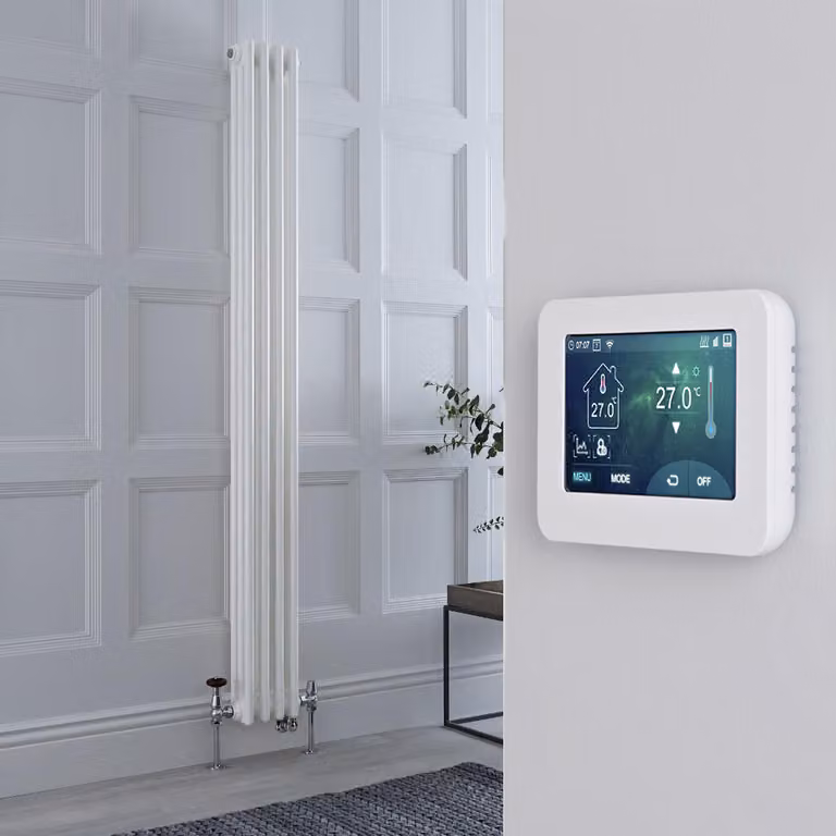 Radiatore Misto Verticale Triplo Regent Bianco con Valvole Cromate, Termostato WiFi e Display Touchscreen, H: 180 cm, L: 20 cm