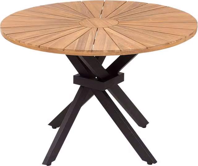 Tavolo da giardino rotondo BELIANI in legno di acacia oliato, design moderno con struttura a X, ideale per esterni e interni, Diametro: 110 cm, Altezza: 75 cm