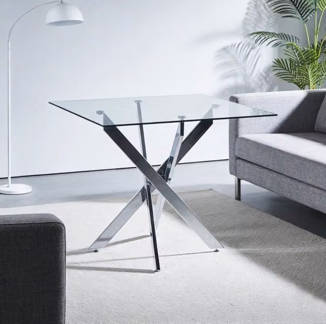 Tavolo da pranzo quadrato MODFU in vetro trasparente e metallo argento con struttura a X