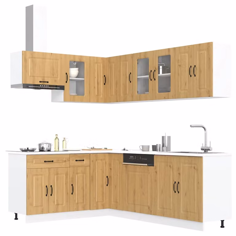 Set Mobili da Cucina vidaXL Kalmar 11 Pezzi in Truciolato Marrone con Dettagli in Legno e Vetro