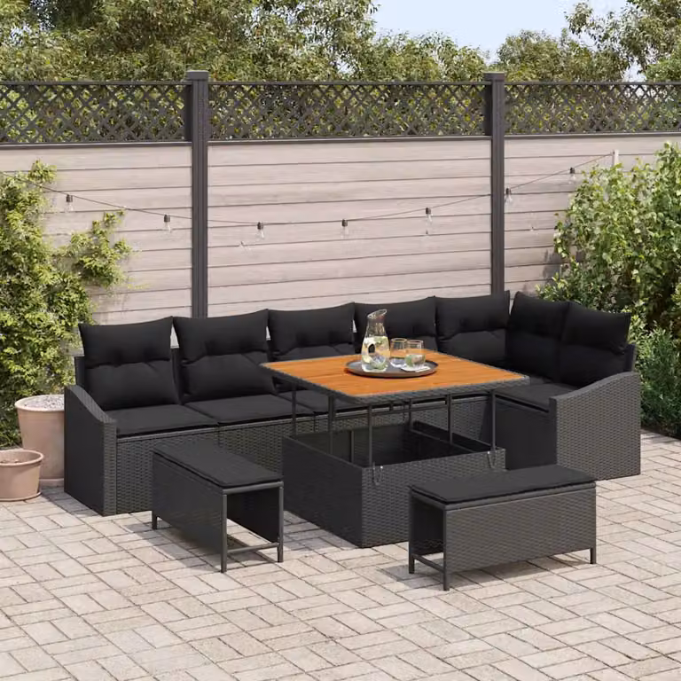 Set Divano da Giardino vidaXL 9 Pezzi Nero con Cuscini e Tavolino in Polyrattan e Acciaio