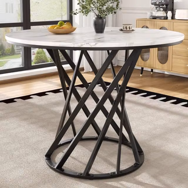 Tavolo da Pranzo Rotondo Minimal con Piano in MDF Effetto Marmo e Gambe in Metallo Nero L: 80 cm, P: 80 cm, H: 76 cm