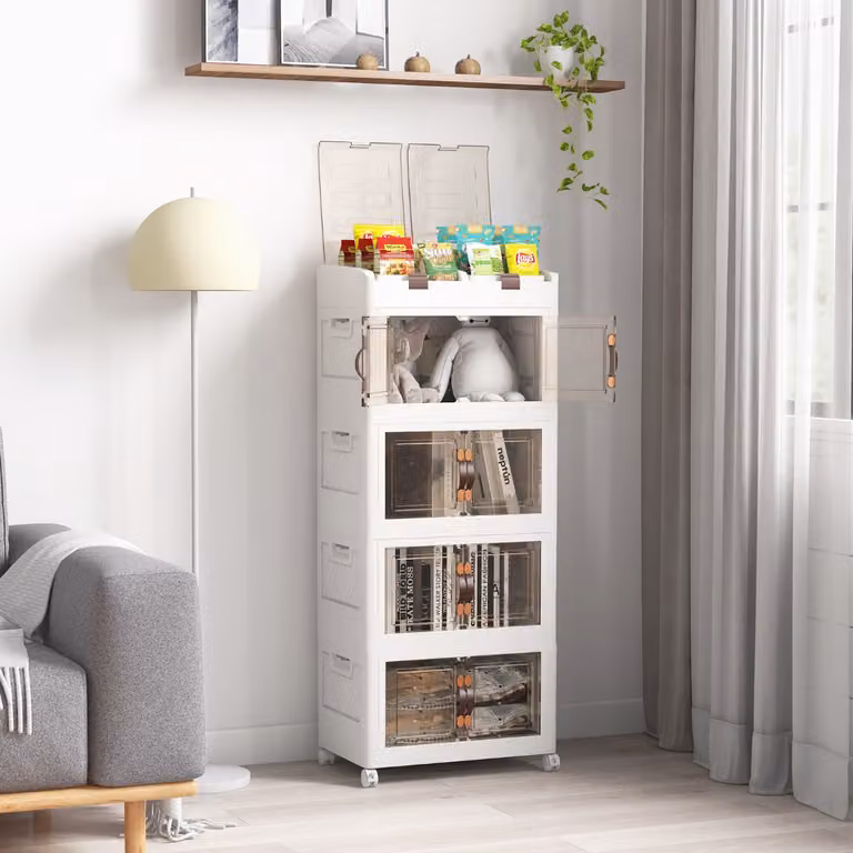 Set di 4 scatole di stoccaggio pieghevoli e impilabili con coperchio e ruote Costway, 210L, Bianco
