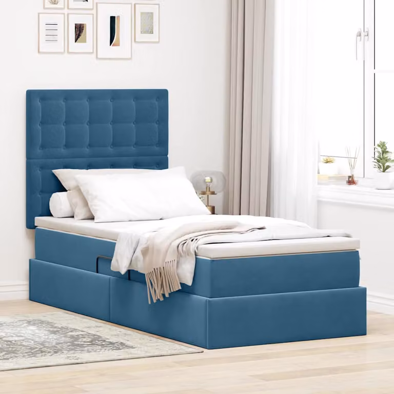 Letto con contenitore e illuminazione LED vidaXL in velluto blu, L: 90 cm, P: 200 cm, H: 128 cm