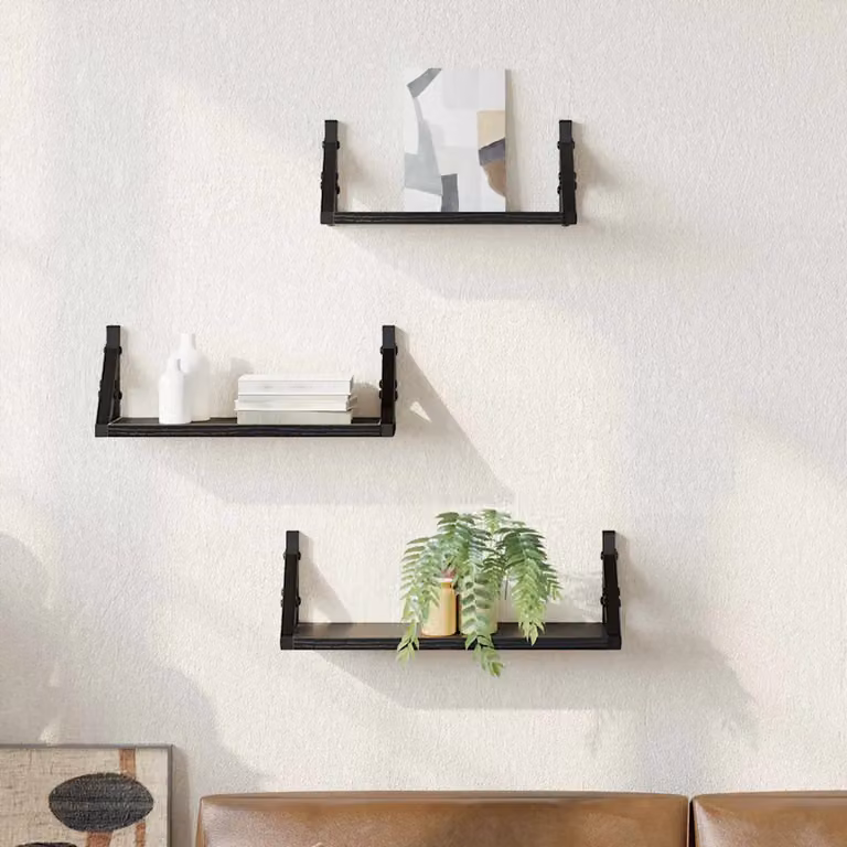 Set di 3 scaffali da parete vidaXL in stile minimalista, colore nero e rovere, L 37 x P 12 x H 13 cm