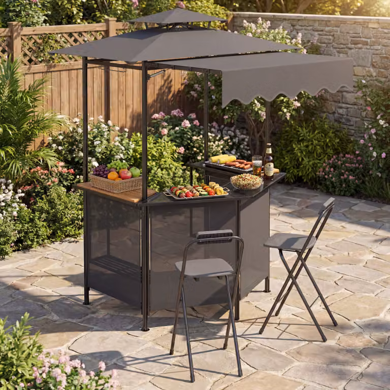 Costway Gazebo da esterno per barbecue con tavolo da bar a 4 ripiani in metallo e 2 sgabelli pieghevoli, Grigio