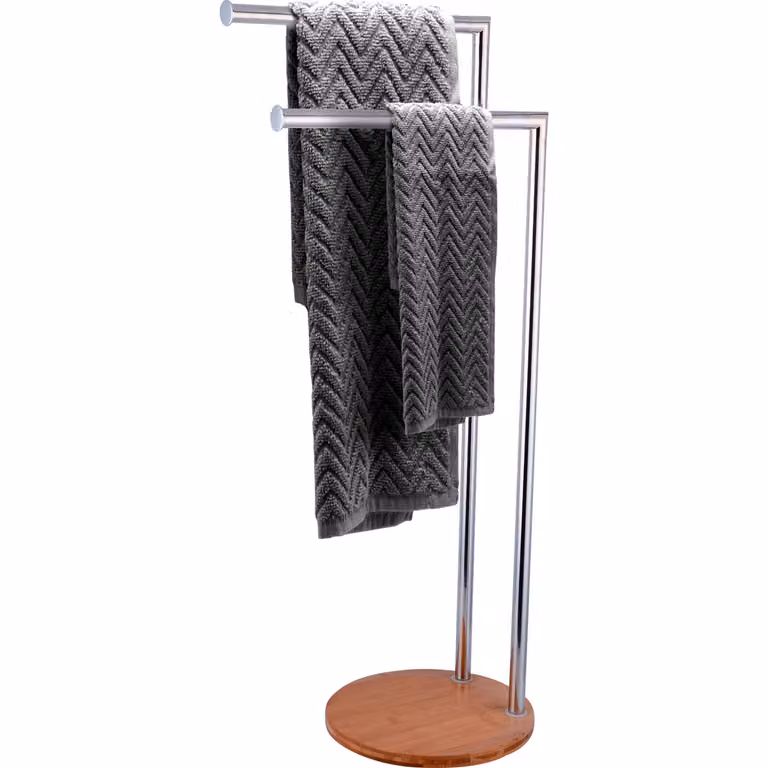 Vestiamo Casa Piantana Portasciugamani 2 posti in acciaio inox argento con base in bamboo H 79 x L 36 x P 24 cm