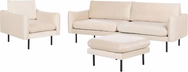 Set da soggiorno Beliani in velluto beige composto da 5 posti con divano a 3 posti, divano a 2 posti, poltrona e pouf coordinato in stile moderno