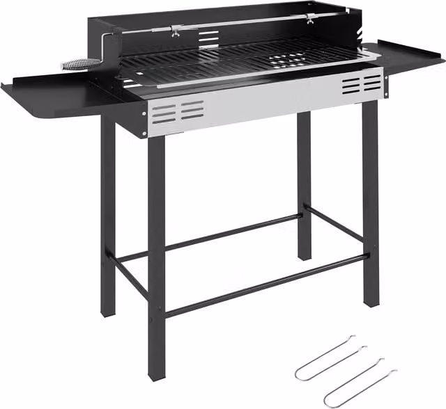 Barbecue a carbone Outsunny con 3 livelli, mensole pieghevoli, girarrosto e struttura in acciaio inox, Nero, L: 118 cm, P: 32 cm, H: 90 cm