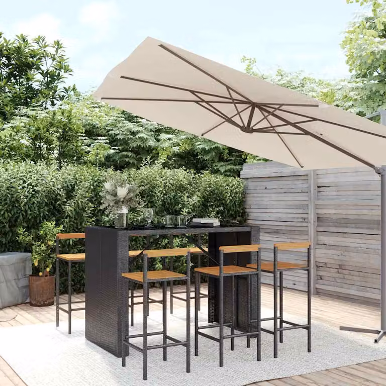 Set Bar da Giardino vidaXL in 7 Pezzi Nero con Polyrattan, Legno di Acacia e Vetro