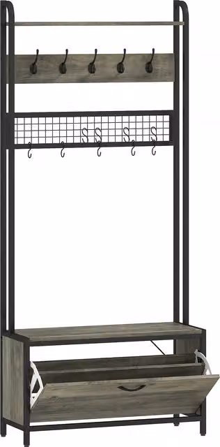 Appendiabiti 5-in-1 HOMCOM con panca, armadietto, 10 ganci e mensola, grigio