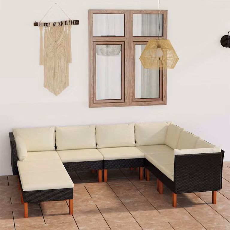 Set di divani da giardino vidaXL 8 pezzi con cuscini in rattan e struttura in acciaio nero e bianco