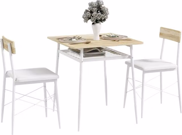Set Tavolo da Pranzo Xylo con 2 Sedie, Struttura in Acciaio Bianco e Rovere, L/P/H: 70 x 70 x 75 cm
