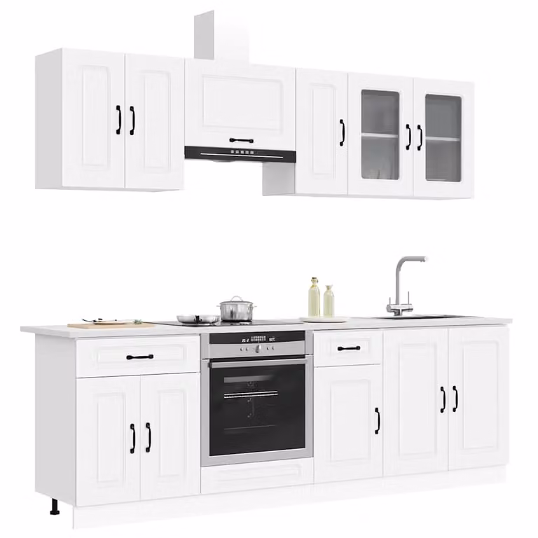 Set Mobili da Cucina Moderno vidaXL Kalmar 8 Pezzi Bianco con Ante in Vetro e Ripiani Interni L/P/H: 181.5 x 46 x 80 cm