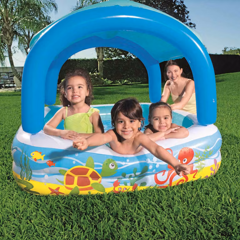 Bestway Piscina per Bambini Quadrata con Tettoia Blu e Multicolore L/P/H: 140 x 140 x 114 cm