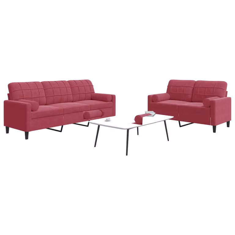 Set di divani vidaXL da 2 e 3 posti in velluto rosso con cuscini e struttura in metallo