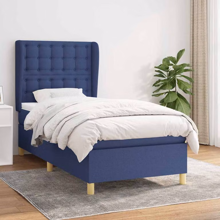 vidaXL Giroletto a Molle con Materasso Ibrido in Tessuto Blu e Bianco L/P/H: 90 x 190 cm