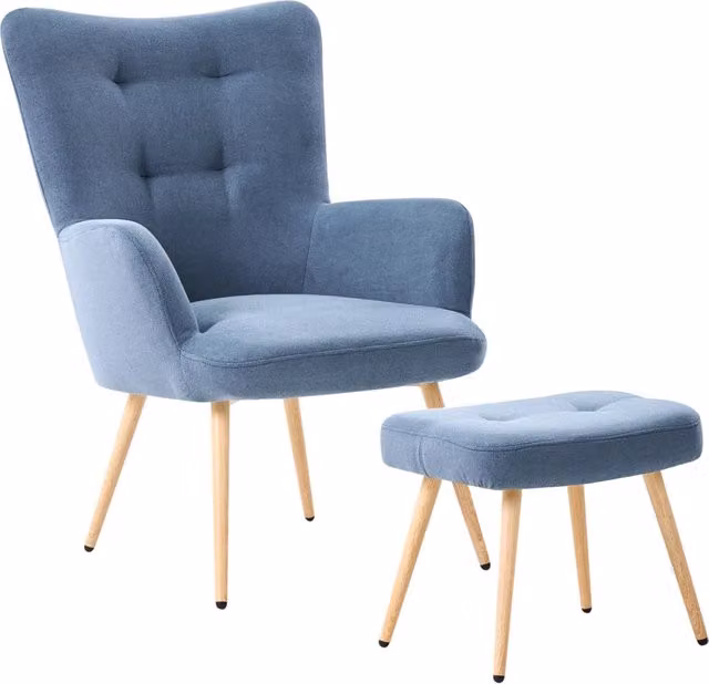 Poltrona Wingback BELIANI in tessuto blu con poggiapiedi coordinato e struttura in legno massello stile retrò L/P/H: 100 x 70 x 70 cm