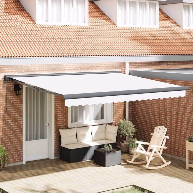 Tenda retrattile vidaXL con bracci pieghevoli in metallo e tessuto in poliestere, Bianco, L: 400 cm x P: 300 cm