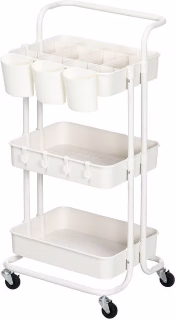 Carrello Cucina Multiuso HOMCOM a 3 Livelli con Cestini, Ganci Rimovibili e Ripiano con 12 Divisori, Bianco