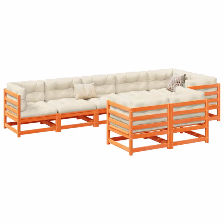 Set di divani da giardino vidaXL in legno massello di pino con cuscini beige e marrone, configurazione a L per 8 persone
