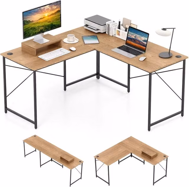 Scrivania angolare estensibile DESIGN IN per ufficio e home office in legno naturale e metallo, L 240 cm