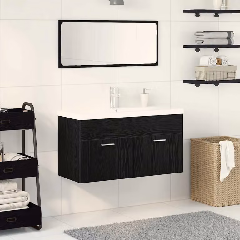 Set di mobili per il bagno vidaXL 3 pezzi in stile minimalista, colore nero, con mobile lavabo e pensile a parete