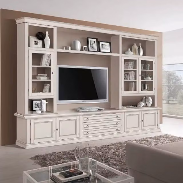 Parete attrezzata shabby chic in legno di pino bianco Mobili 2G L: 286 cm, P: 50 cm, H: 227 cm