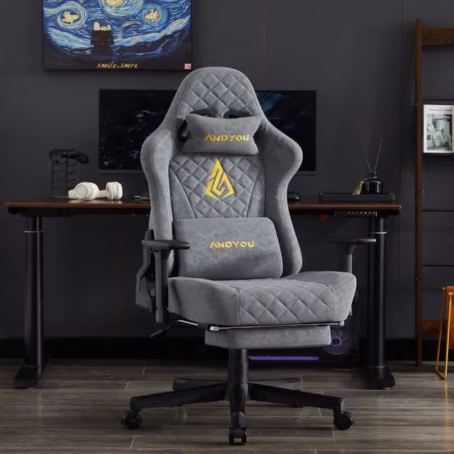Poltrona da gaming ergonomica Minimal in similpelle grigia con poggiatesta e braccioli