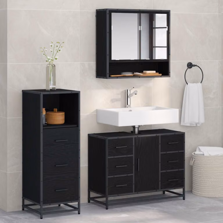 Set di mobili per il bagno vidaXL 3 pezzi in legno e metallo nero opaco L/P/H: 80 x 33 x 60 cm