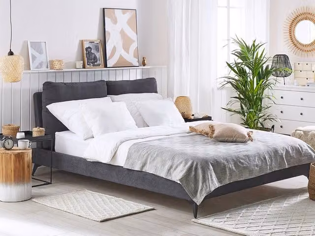 Letto imbottito moderno Beliani in tessuto velvet grigio con struttura in metallo L/P/H: 160 x 200 cm