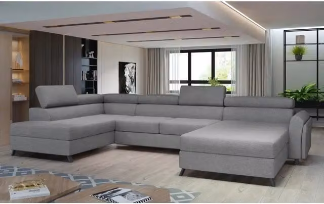 Divano panoramico a U Grigio MEUBLORAMA con funzione letto, poggiatesta regolabile e angolo sinistro