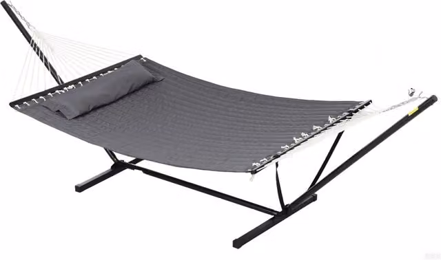 Amaca da giardino portatile con struttura in acciaio e cuscini Xylo in cotone e poliestere, colore grigio scuro, L: 368 cm, P: 93 cm, H: 110 cm